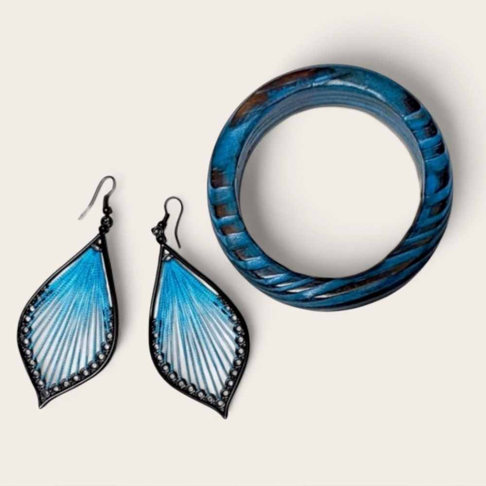 💙 Beautiful Indian Wood Bangle Bracelet and Matching Lightweight Earrings